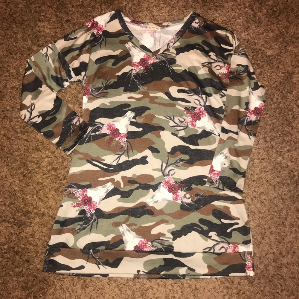 Camo Tunic Top with Floral Cow Skulls